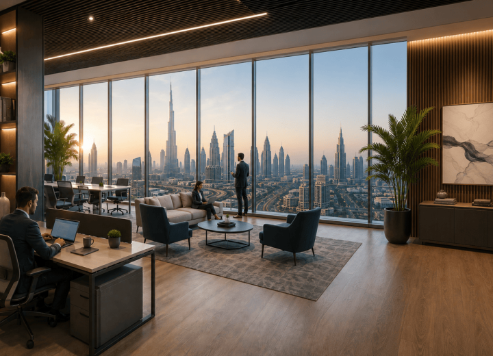 Business professionals working in a serviced office in Dubai